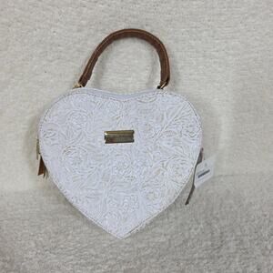 Mexican White Floral Embossed Heart Shaped Leather Handbag with a Gold Finish
